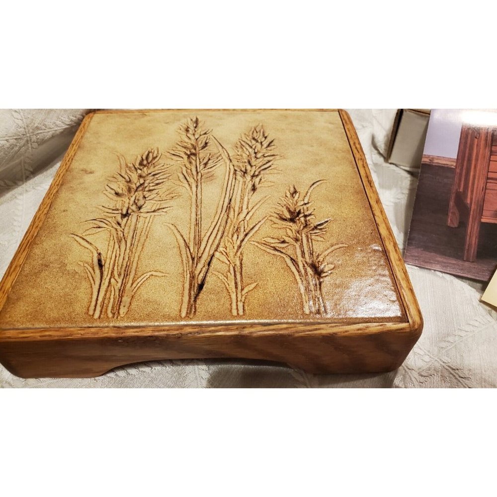Vintage Italian Ceramic Art Tile Trivet Oak Wood Frame Rustic 8.5" MCM mint cond